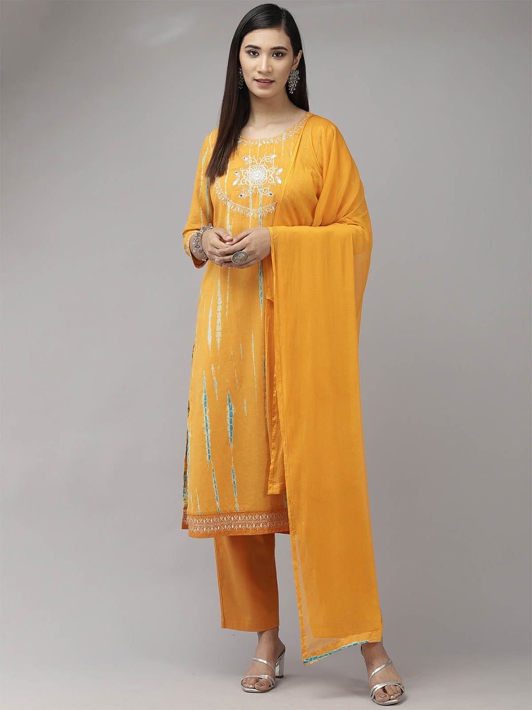 

ODETTE Women Yellow Ethnic Motifs Embroidered Mirror Work Kurta with Trousers & With Dupatta