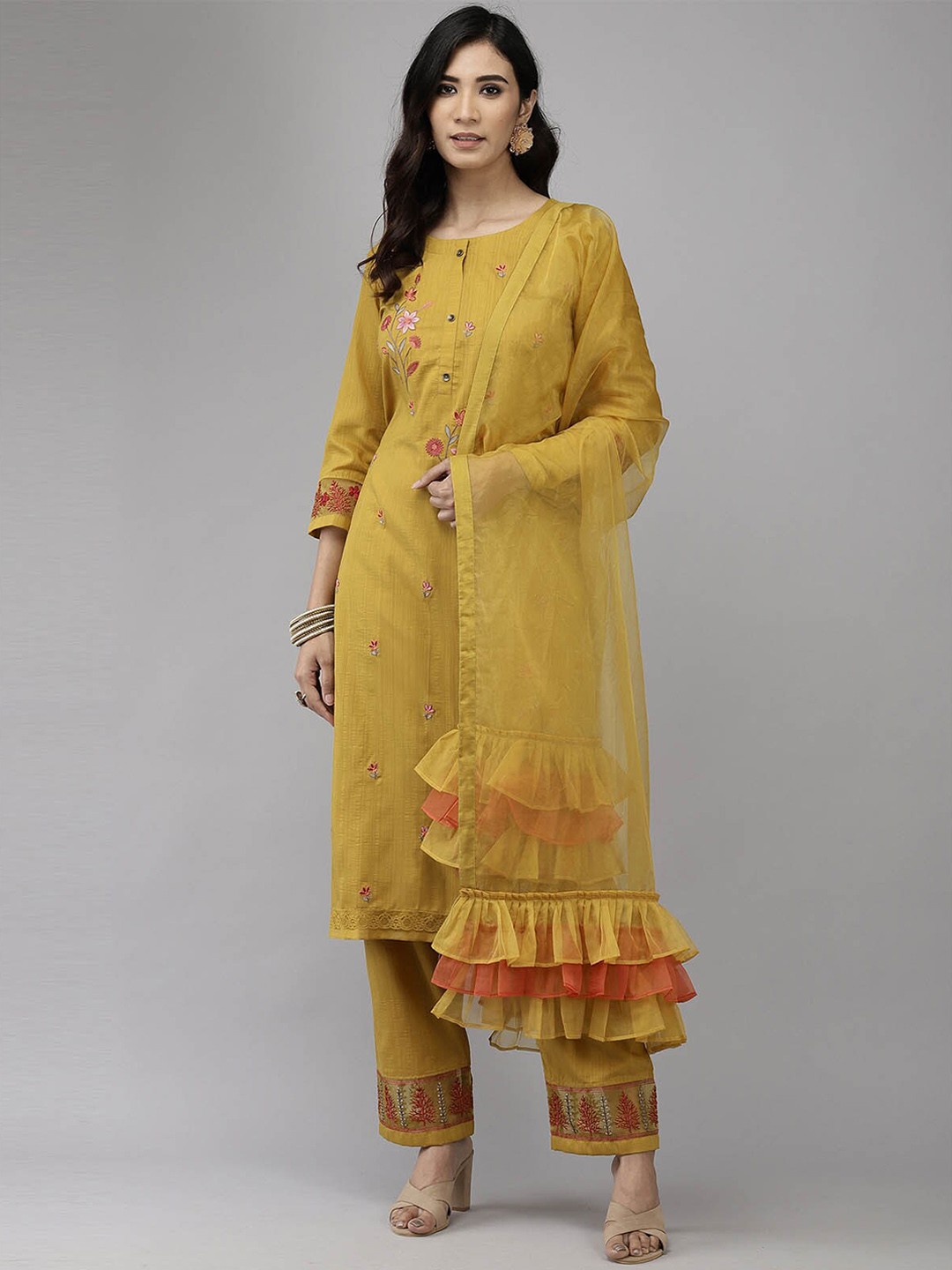 

ODETTE Women Mustard Yellow Floral Embroidered Thread Work Kurta with Trousers & With Dupatta