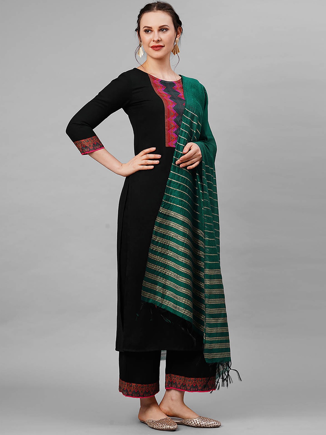

ODETTE Women Black Yoke Design Kurta with Palazzos & With Dupatta