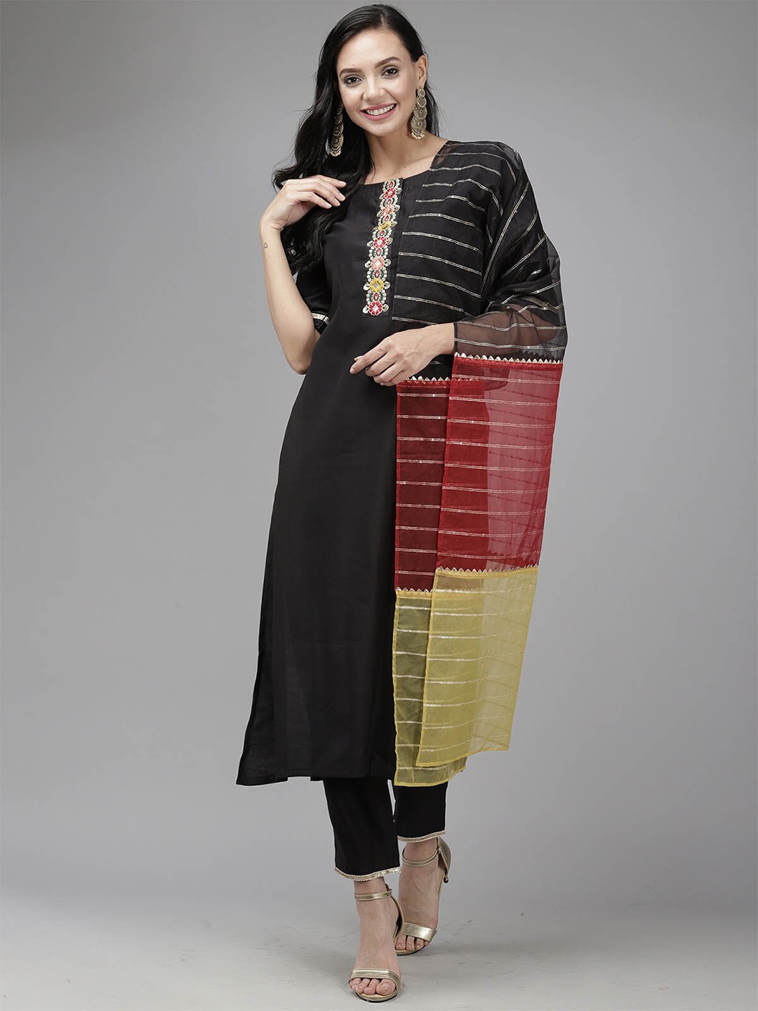 

ODETTE Women Black Embroidered Kurta with Trousers & With Dupatta