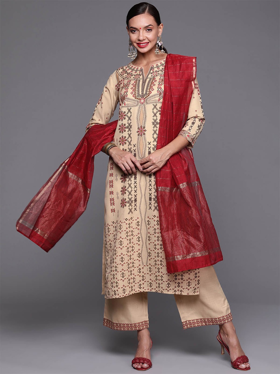 

ODETTE Women Beige Ethnic Motifs Printed Kurta with Palazzos & With Dupatta