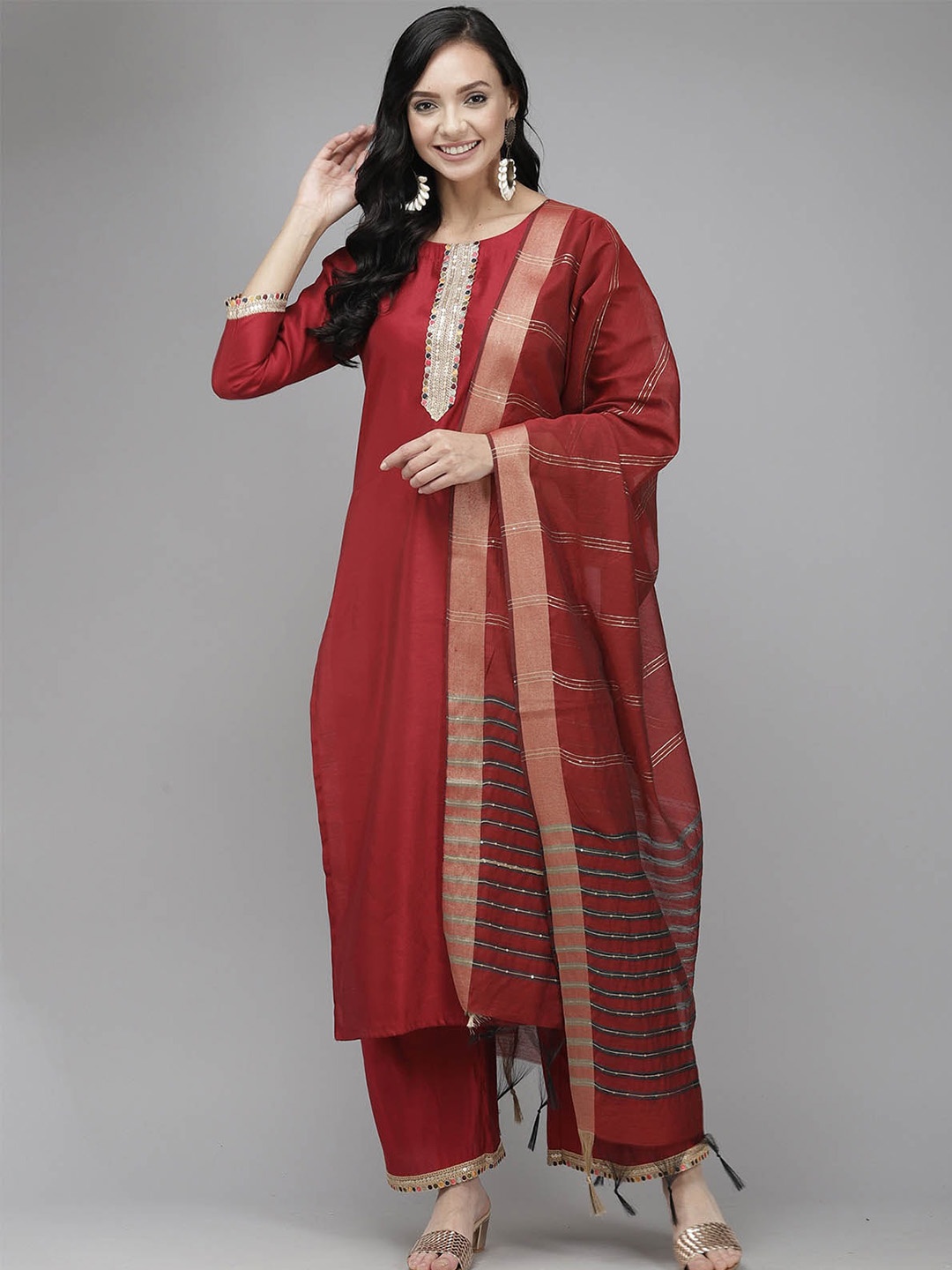 

ODETTE Women Red Patchwork Kurta with Palazzos & With Dupatta