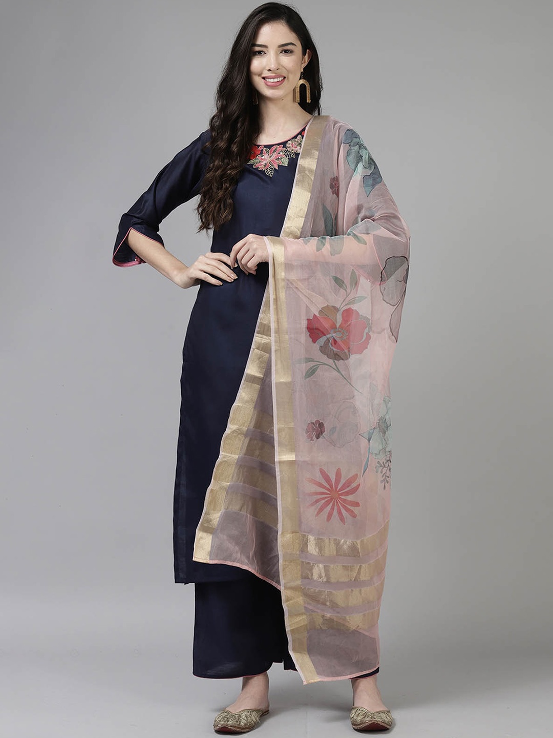 

ODETTE Women Navy Blue Floral Embroidered Kurta with Palazzos & With Dupatta