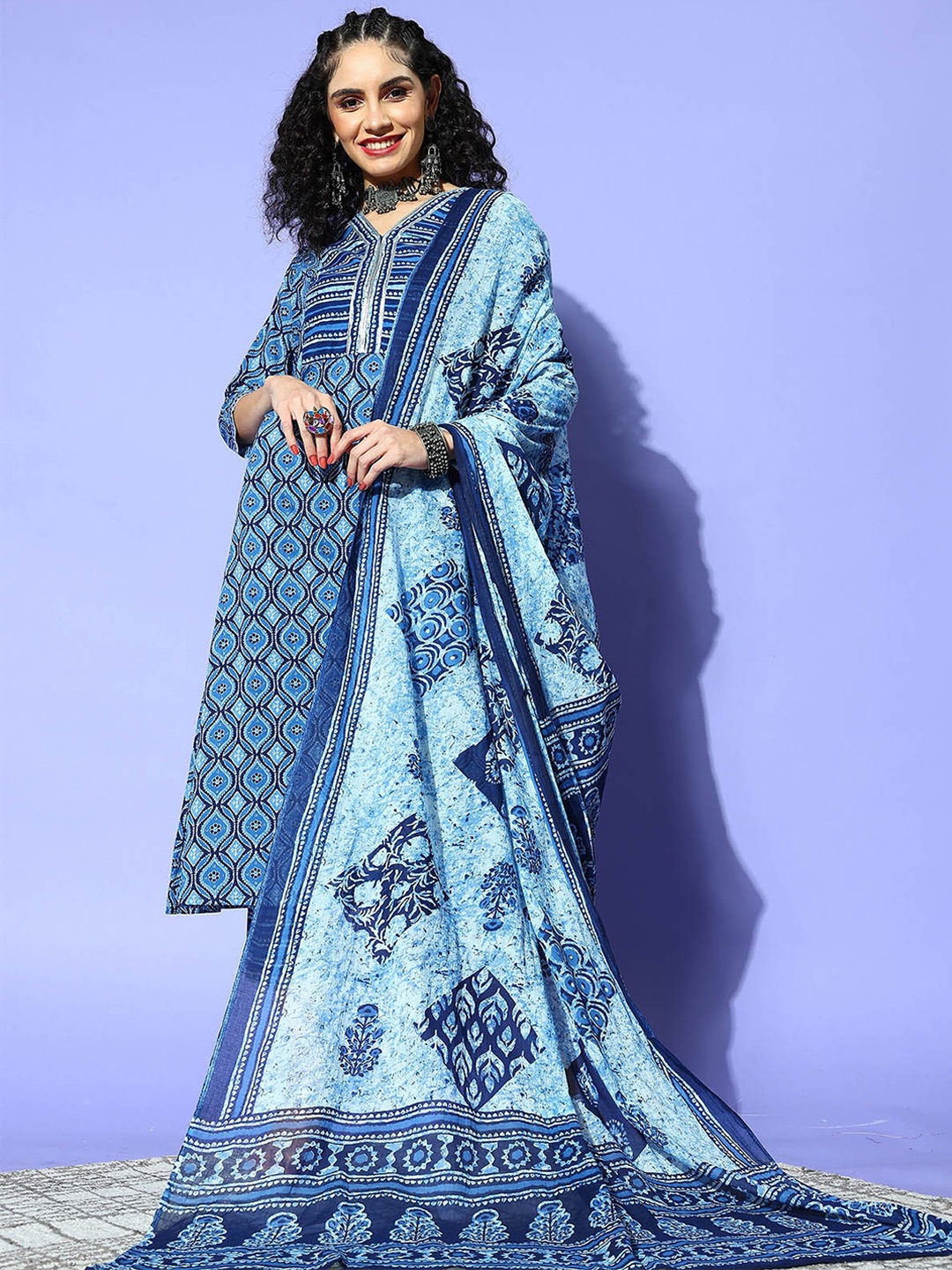 

ODETTE Women Blue Ethnic Motifs Printed Kurta with Trousers & With Dupatta