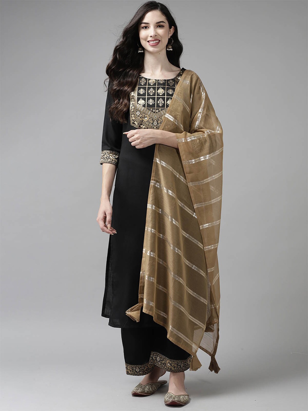 

ODETTE Women Black Ethnic Motifs Printed Kurta with Palazzos & With Dupatta