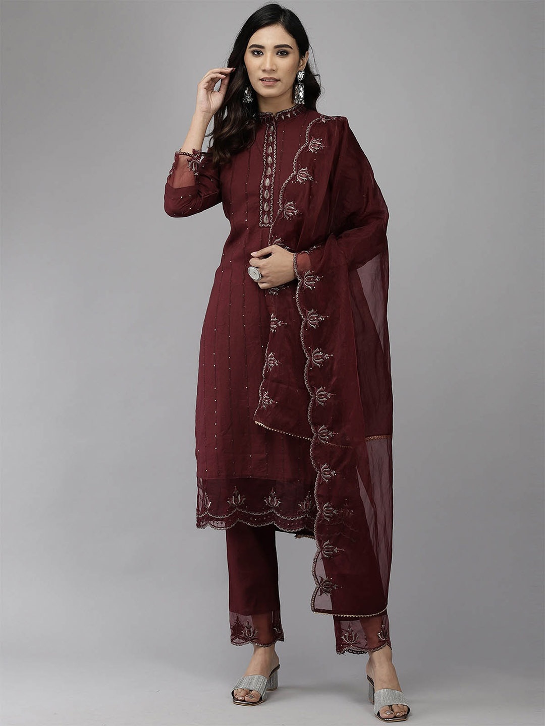 

ODETTE Women Maroon Ethnic Motifs Embroidered Thread Work Kurta with Trousers & With Dupatta