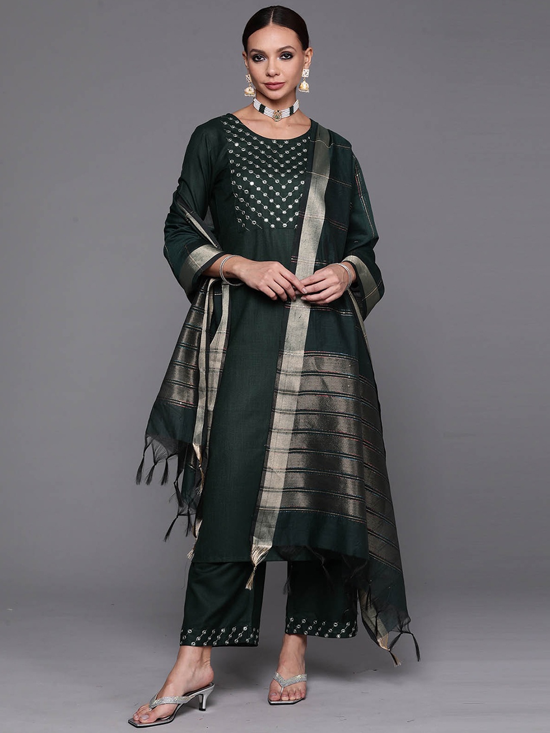 

ODETTE Women Green Embroidered Kurta with Palazzos & With Dupatta