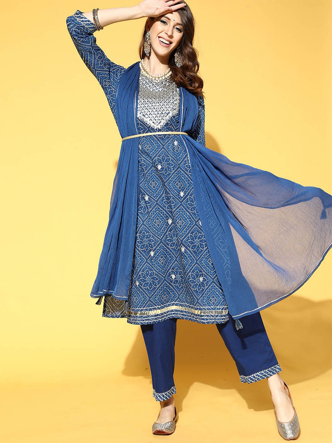 

ODETTE Women Blue Ethnic Motifs Embroidered Kurta with Trousers & With Dupatta