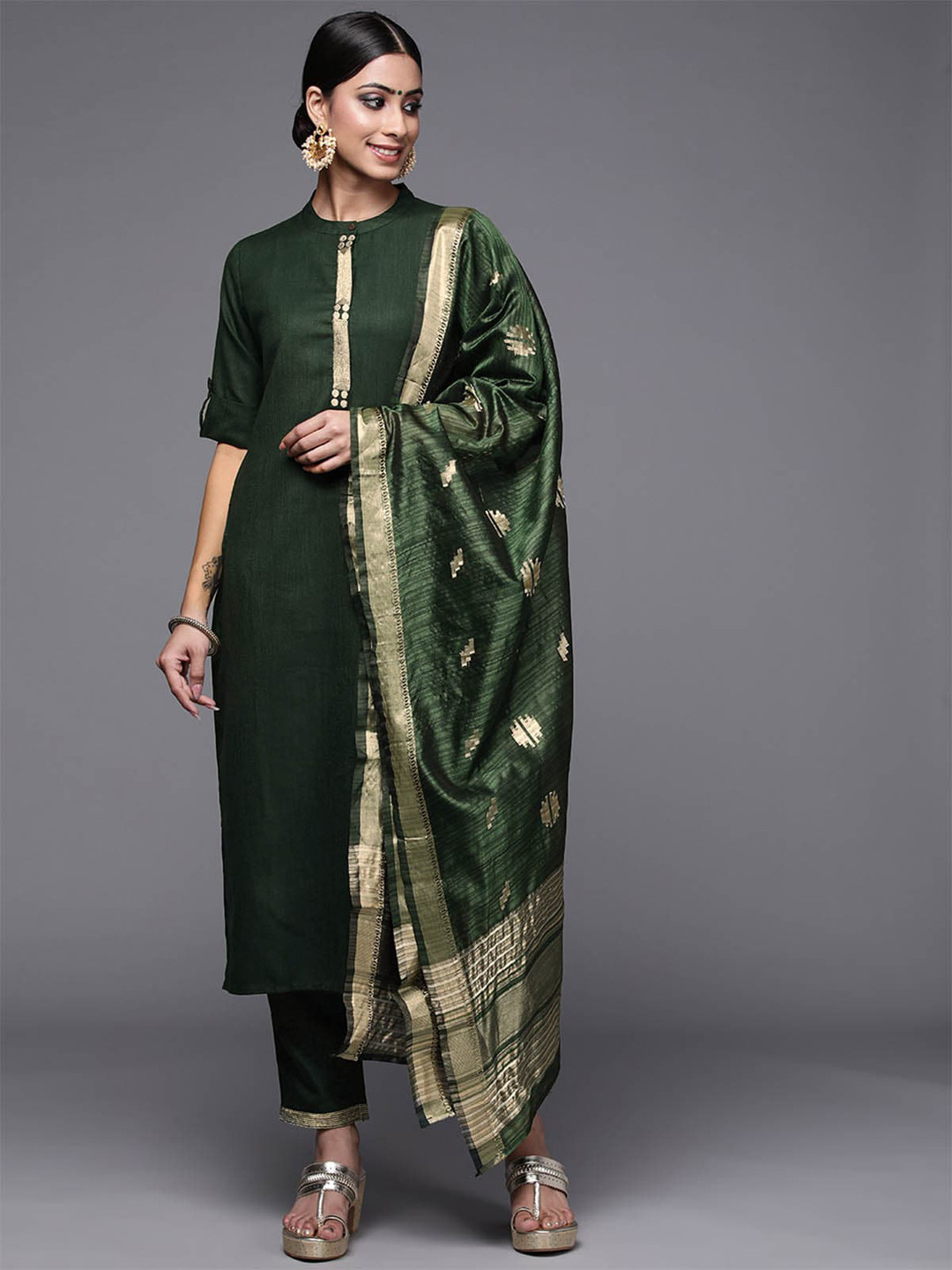 

ODETTE Women Green Kurta with Trousers & With Dupatta