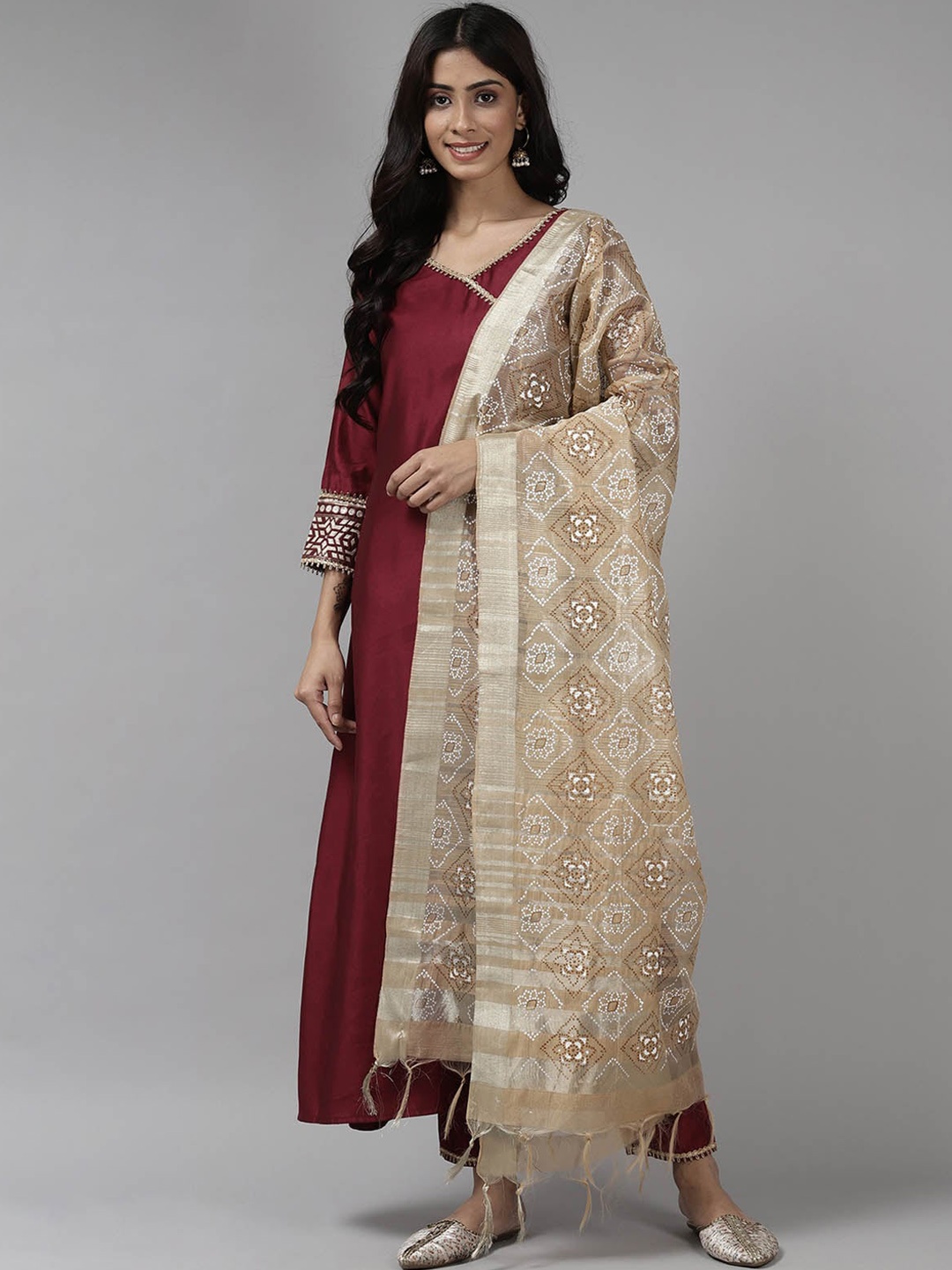 

ODETTE Women Maroon Angrakha Kurta with Trousers & With Dupatta