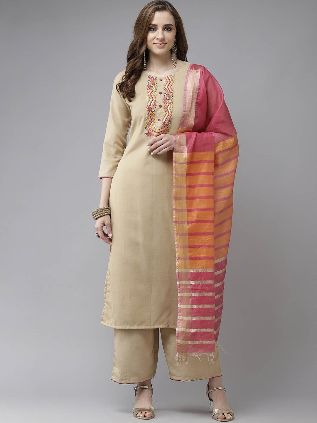 

ODETTE Women Beige Floral Embroidered Kurta with Palazzos & With Dupatta