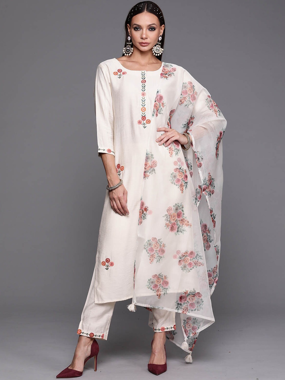

ODETTE Women White Embroidered Kurta with Trousers & With Dupatta