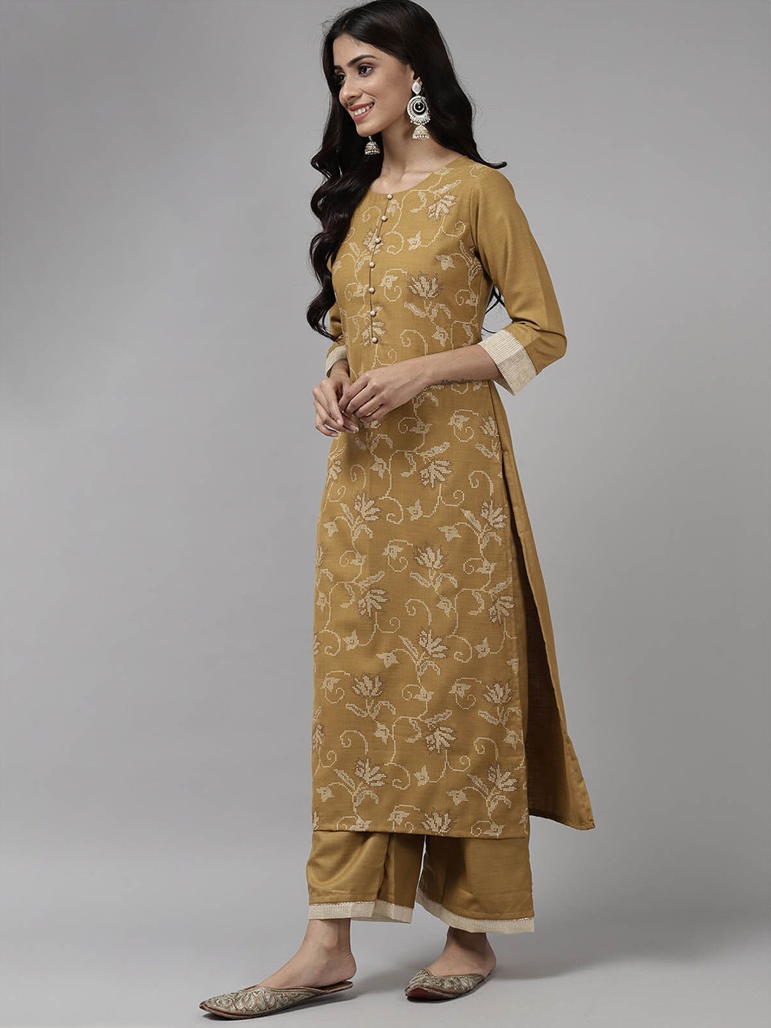 

ODETTE Women Mustard Yellow Floral Printed Kurta with Palazzos & With Dupatta