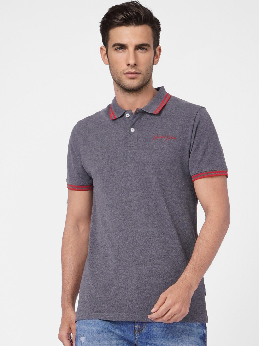 

Jack & Jones Men Grey Polo Collar Slim Fit Cotton T-shirt
