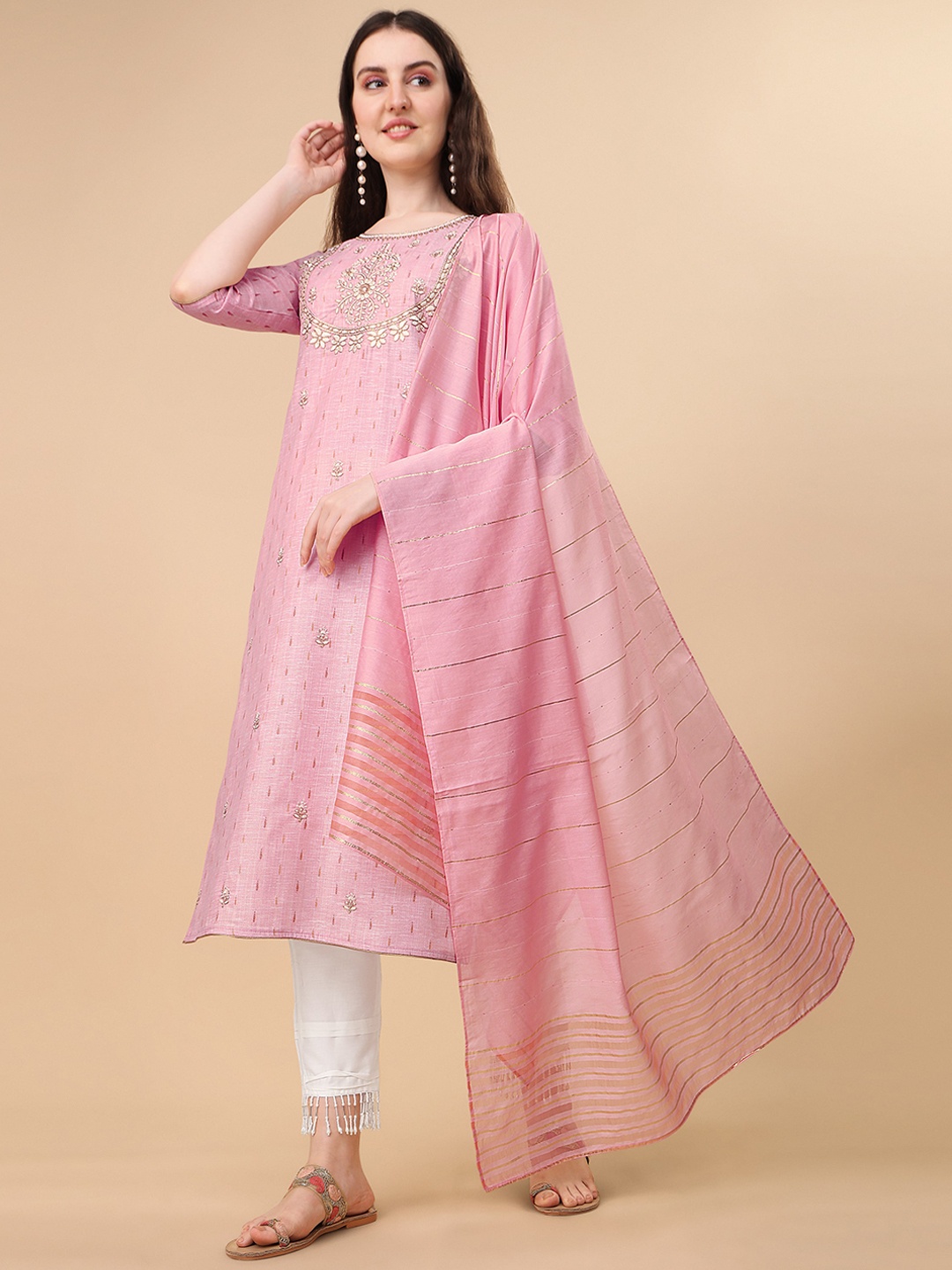 

Berrylicious Women Pink Embroidered Thread Work Pure Cotton Kurta with Trousers & Dupatta