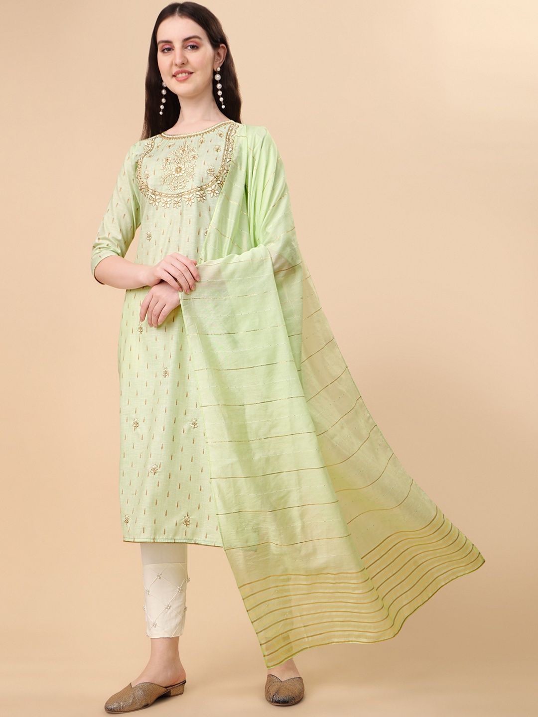 

Berrylicious Women Green Ethnic Motifs Embroidered Kurta with Trousers & Dupatta
