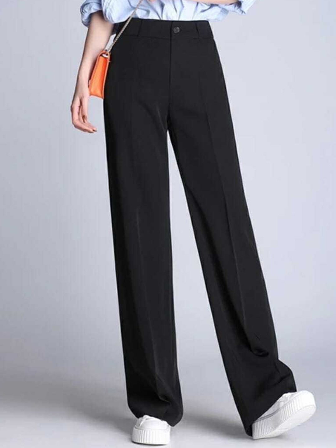 

BROADSTAR Women Black Relaxed Straight Leg Loose Fit High-Rise Easy Wash Trousers