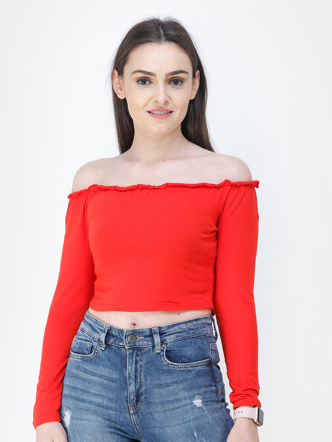 

SCORPIUS Red Off-Shoulder Bardot Top