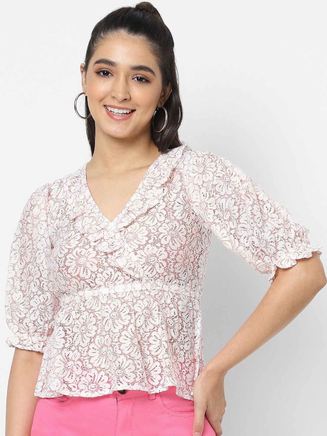 

VASTRADO White Floral Print Ruffles Lace Top