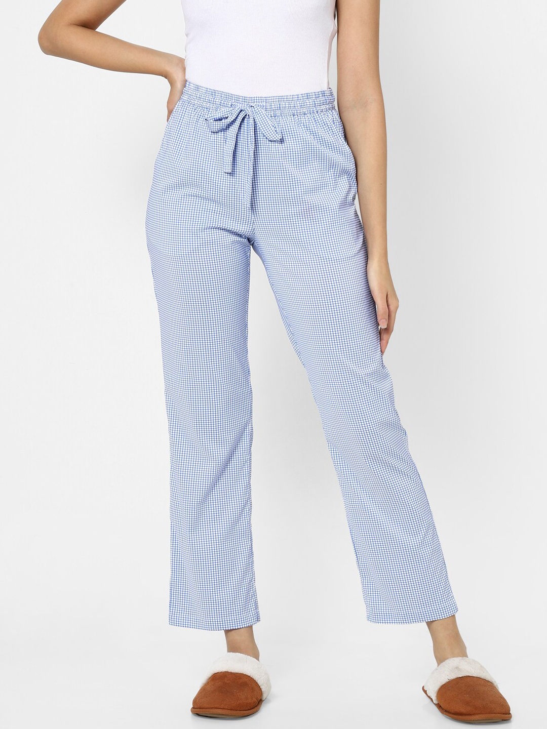 

VASTRADO Women Blue & White Checked Cotton Lounge Pants