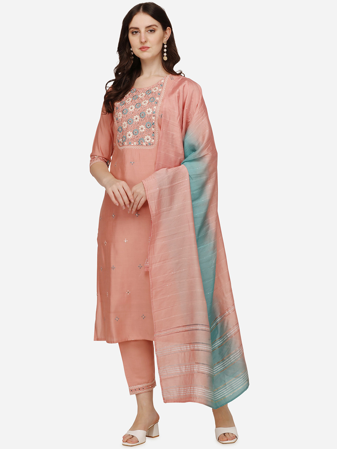 

Berrylicious Women Pink Floral Embroidered Thread Work Chanderi Cotton Kurta with Trousers & With Dupatta