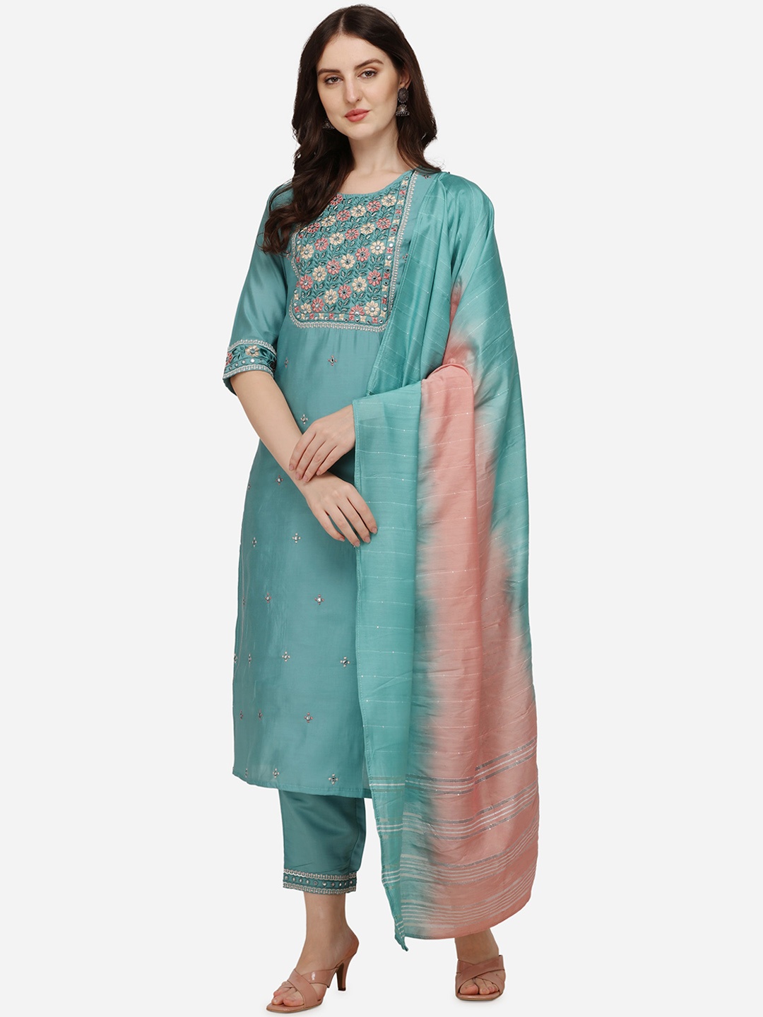 

Berrylicious Women Teal Ethnic Motifs Chanderi Cotton Kurta with Trousers & With Dupatta