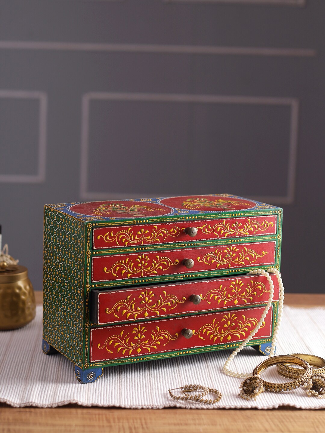 

Aapno Rajasthan Red Printed Wood Drawer Organiser