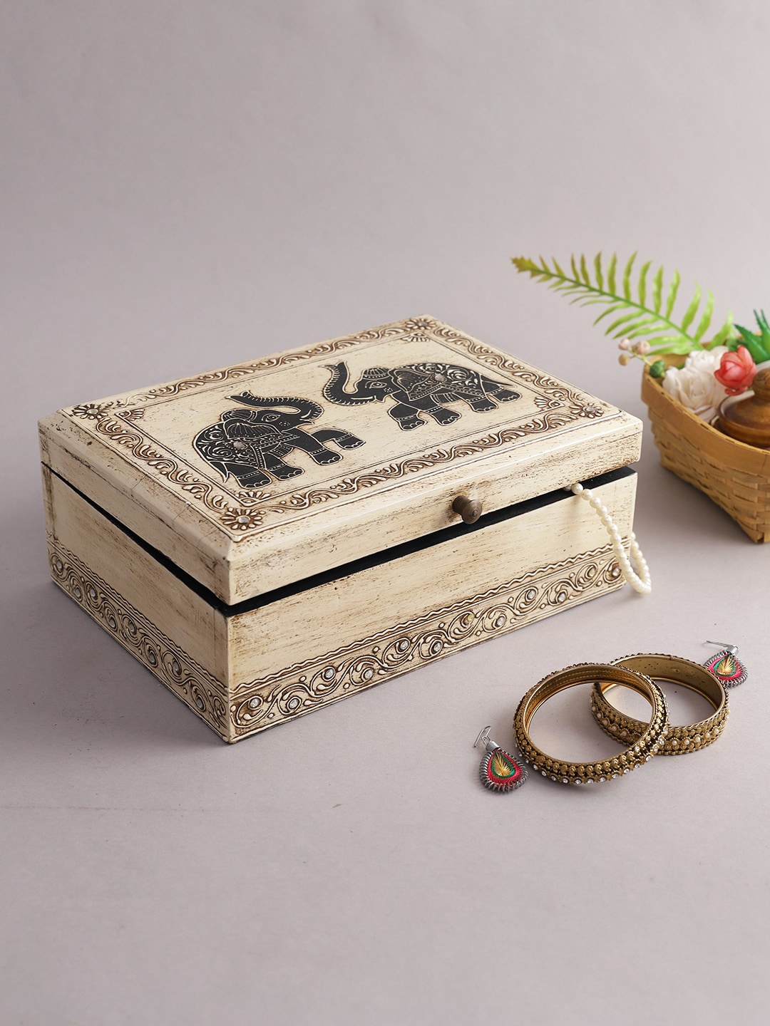 

Aapno Rajasthan White Printed Wooden Box Organiser