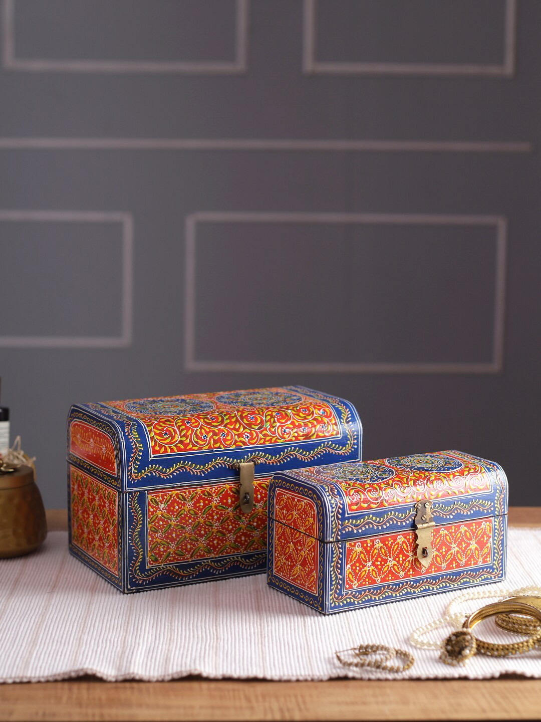 

Aapno Rajasthan Set Of 2 Hand-painted Multi-Utility Storage Box Organiser, Red