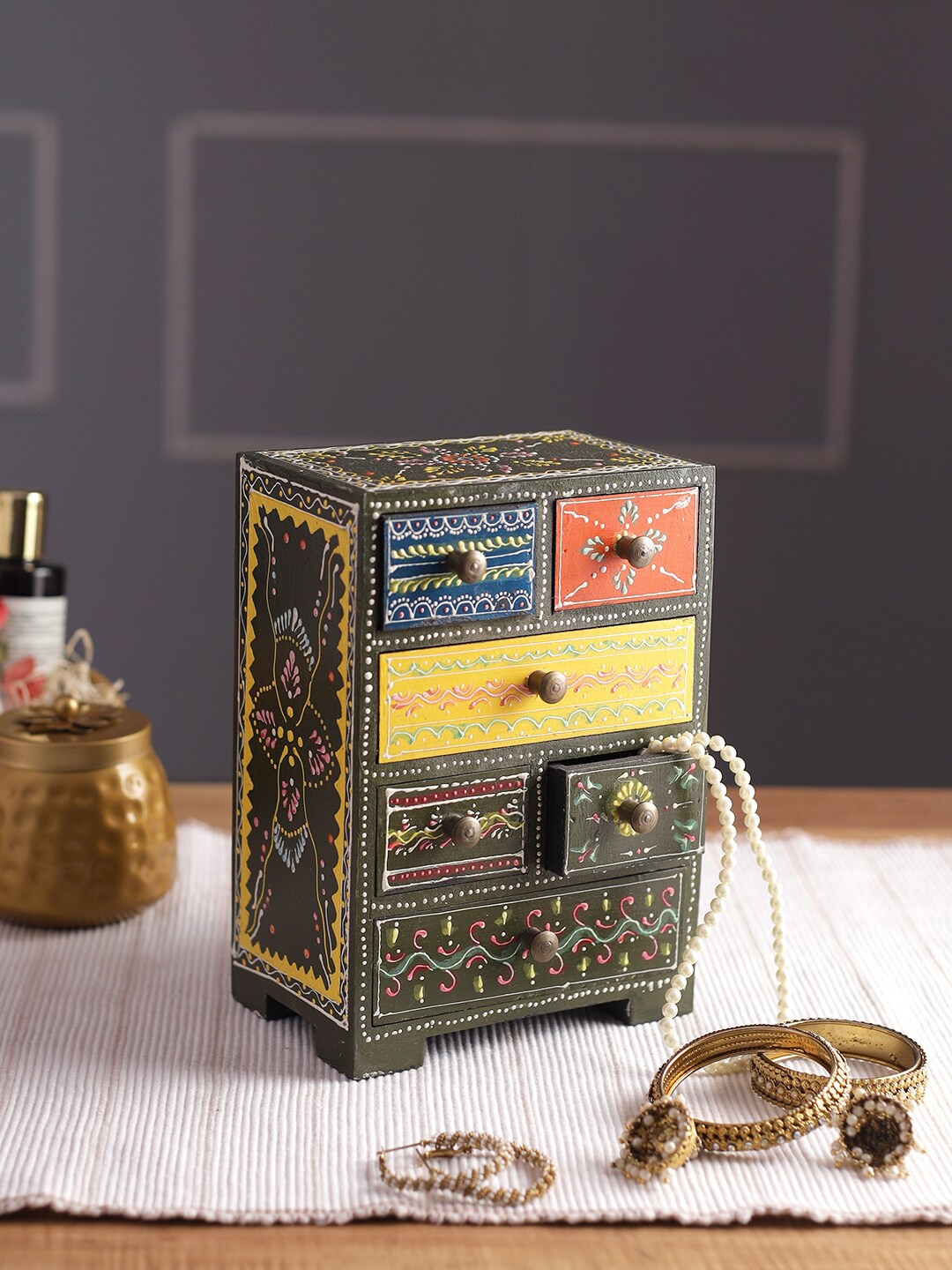 

Aapno Rajasthan Yellow Printed Wood Drawer Organiser