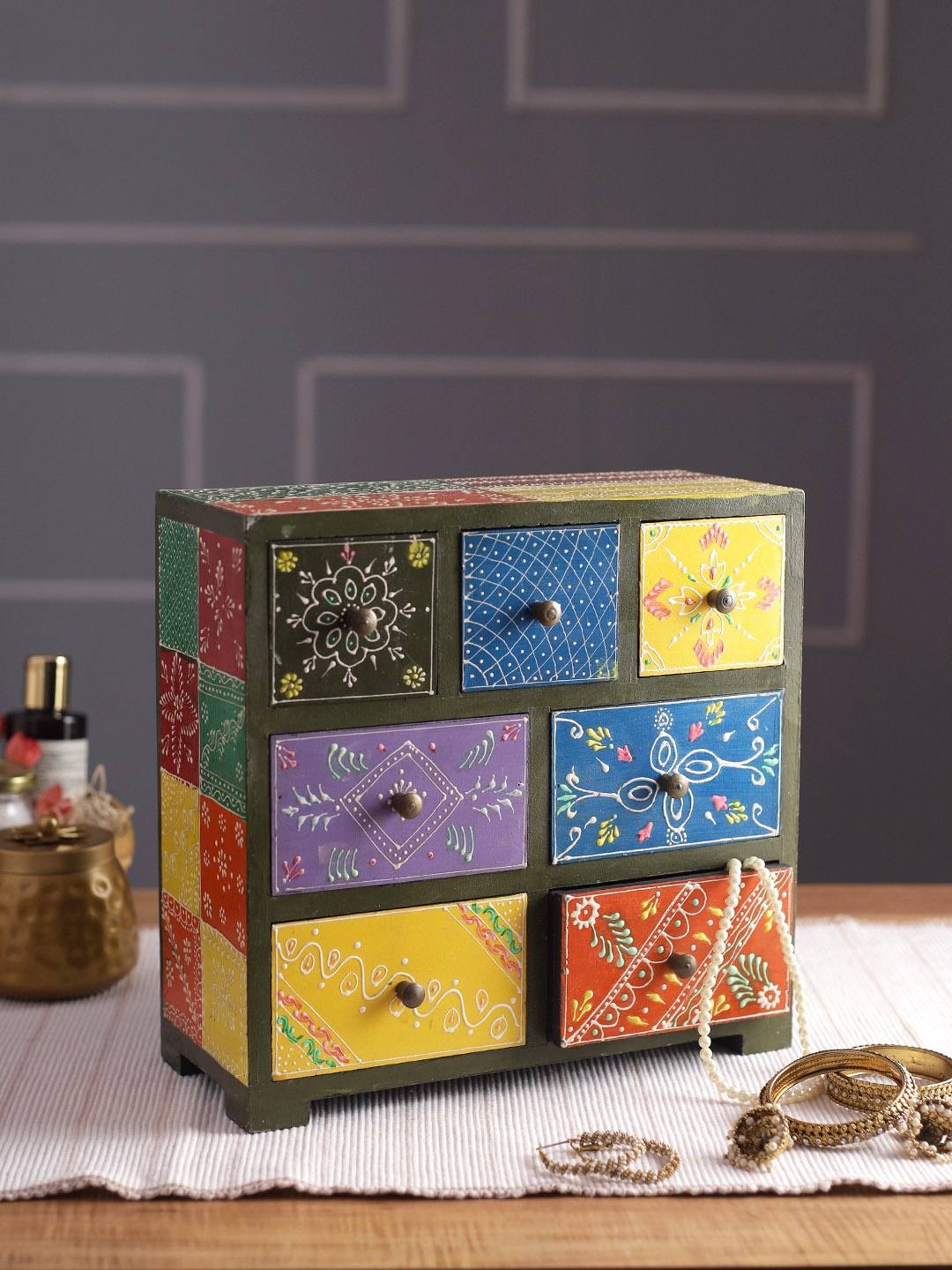 

Aapno Rajasthan Yellow Printed Wood Drawer Organisers