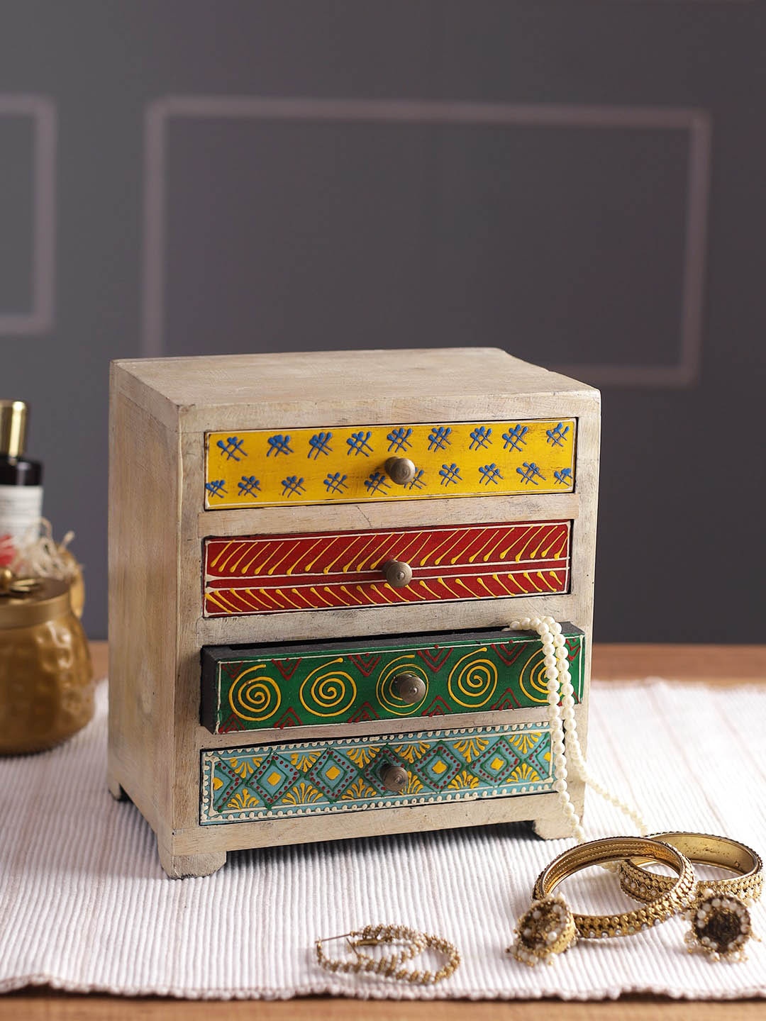 

Aapno Rajasthan Beige Colored & Yellow Printed Wooden Chest Drawer Organiser, Multi
