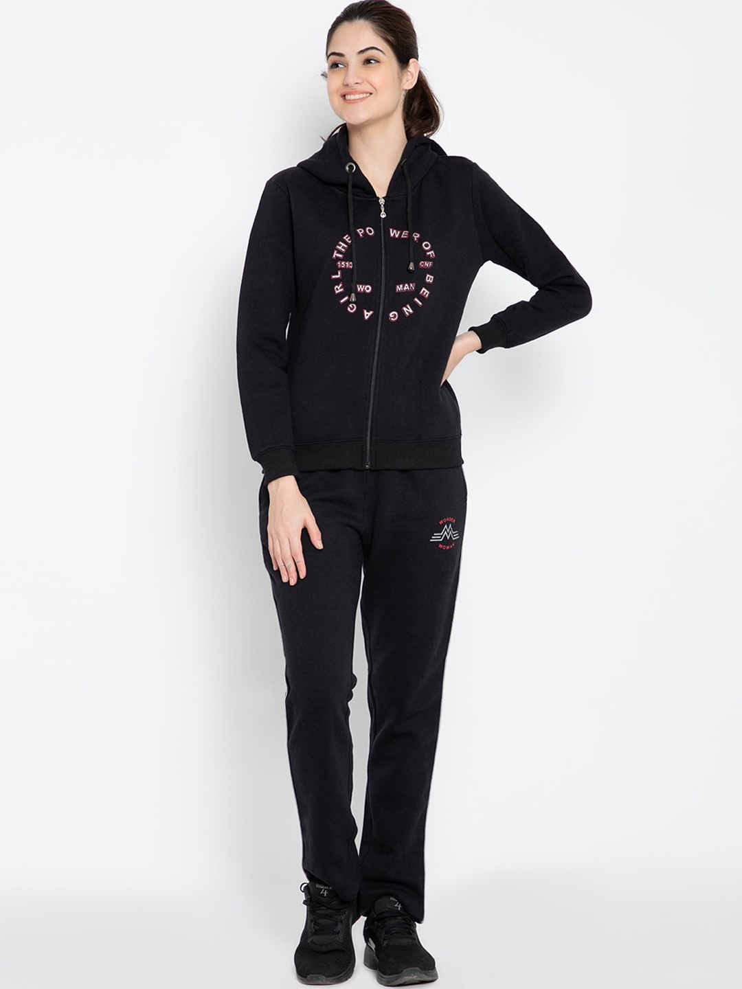

FLOSBERRY Women Black Typography Printed Cotton Tracksuits