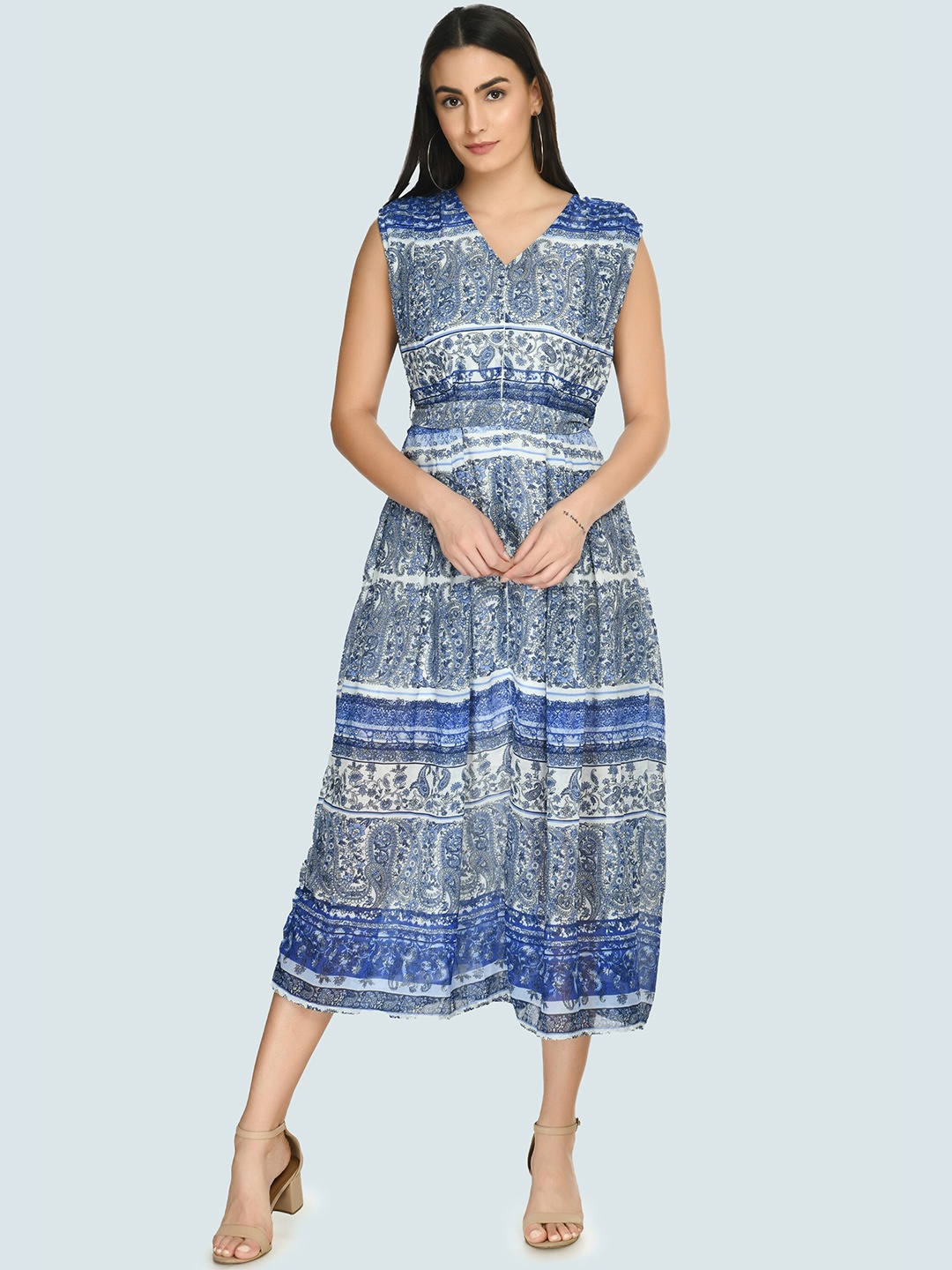 

ARPORA Blue & White Ethnic Printed Fit & Flare Dress