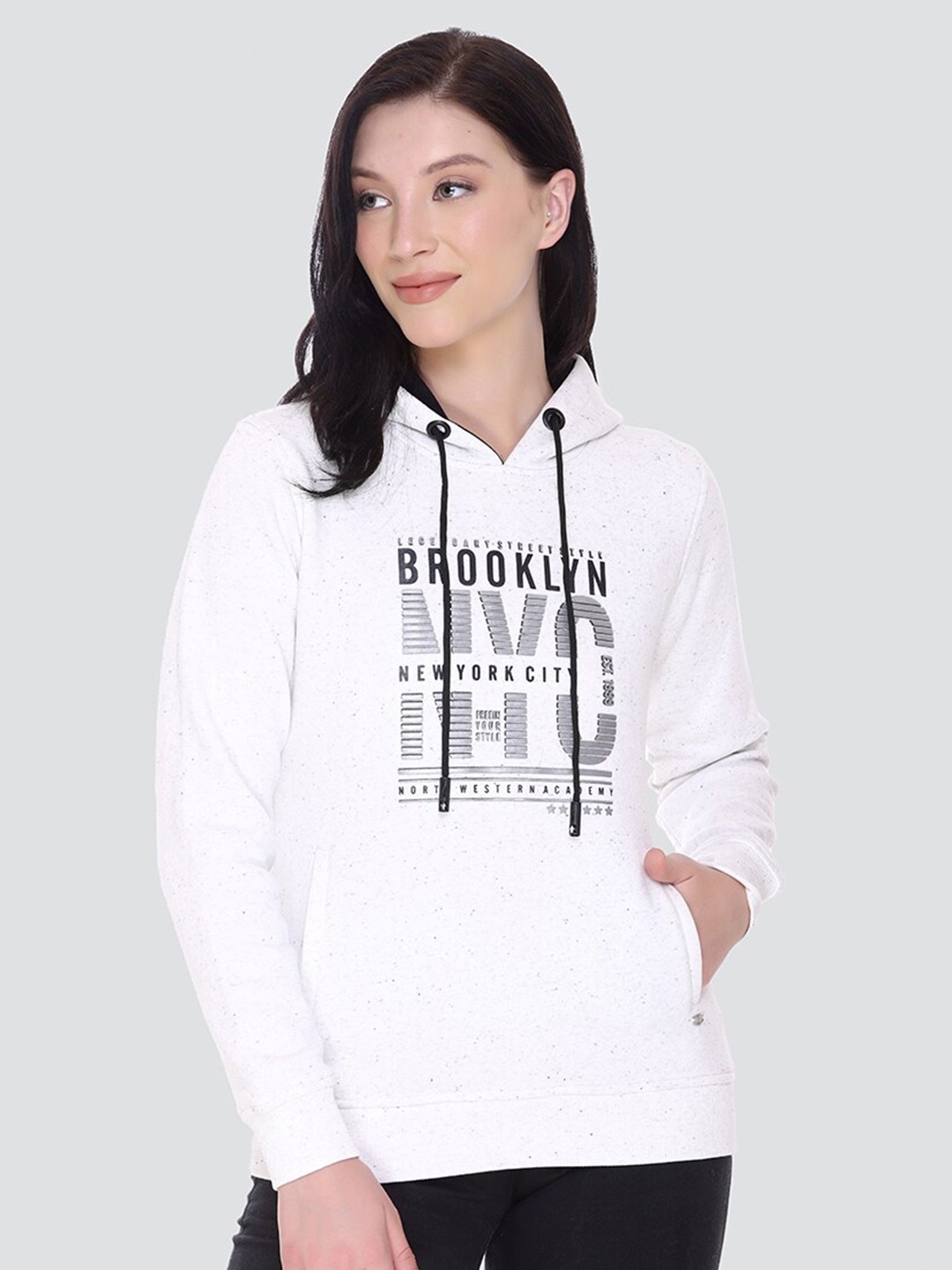 

PEPLS Women White Printed Hooded Sweatshirt