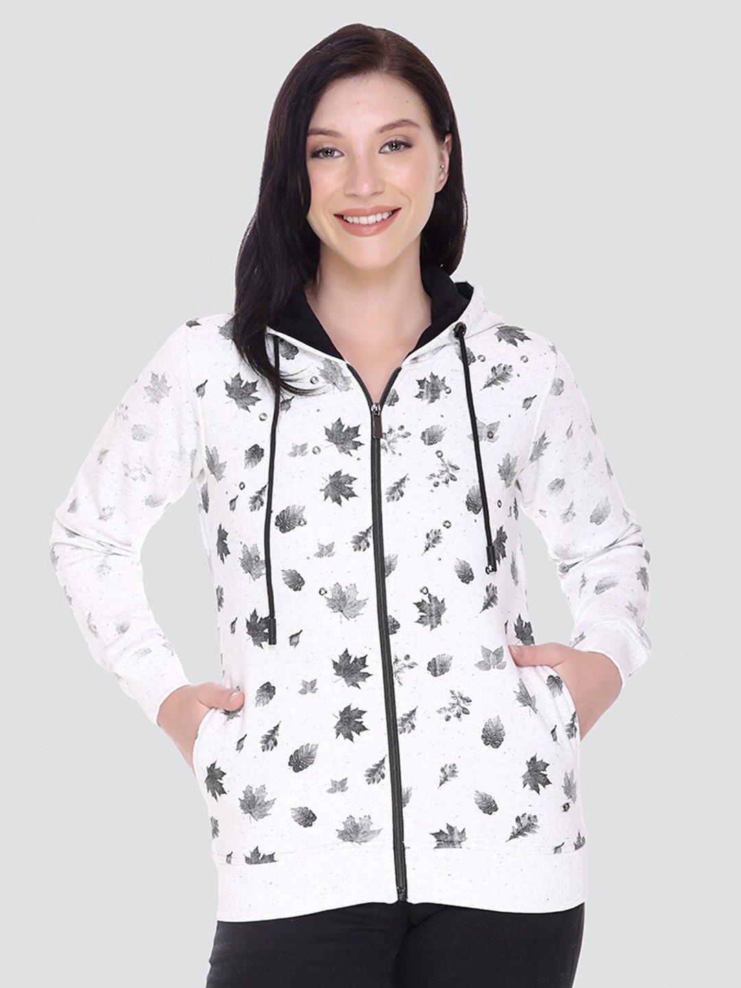 

PEPLS Women White Printed Hooded Sweatshirt