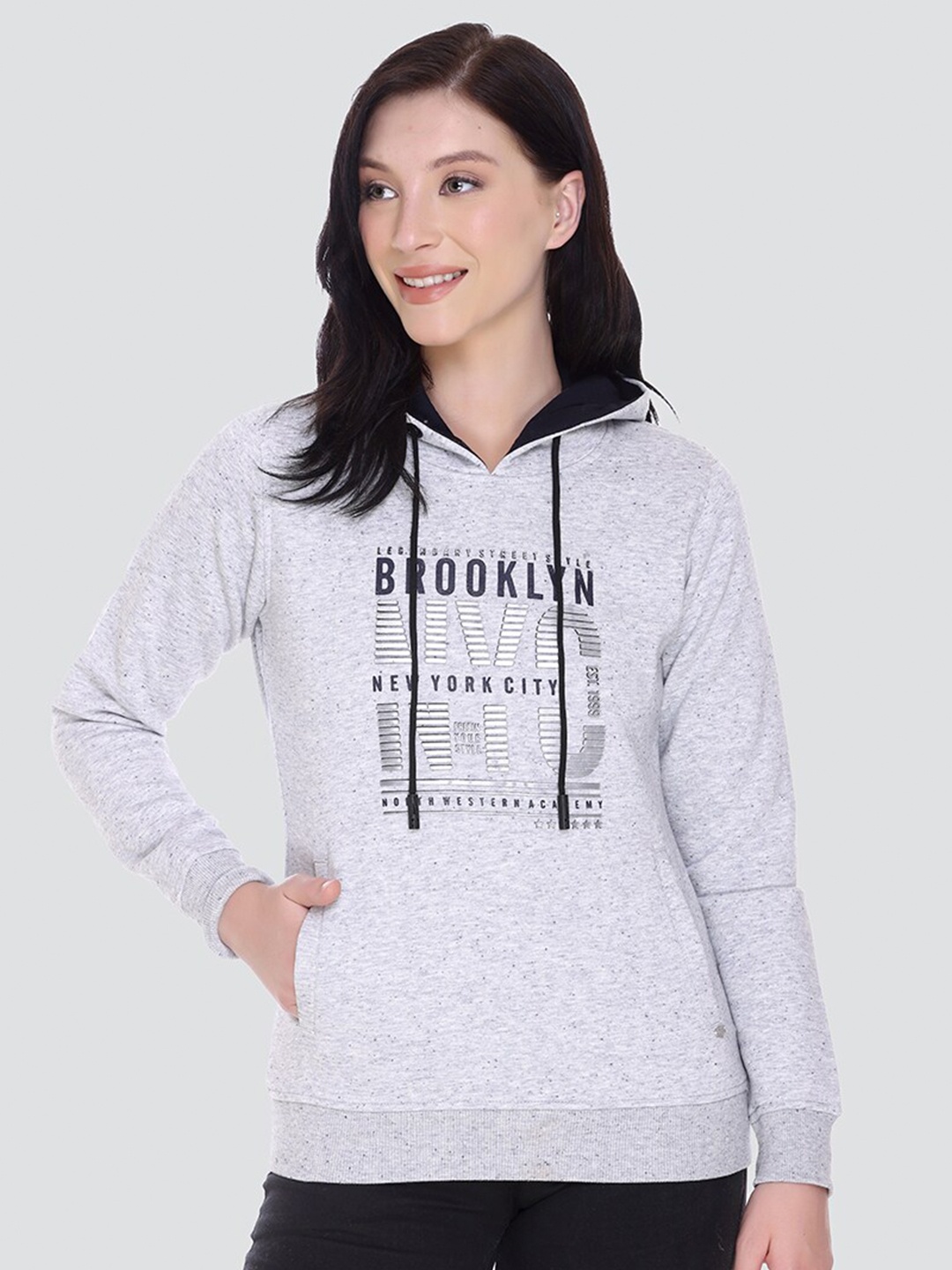 

PEPLS Women Grey Printed Hooded Sweatshirt