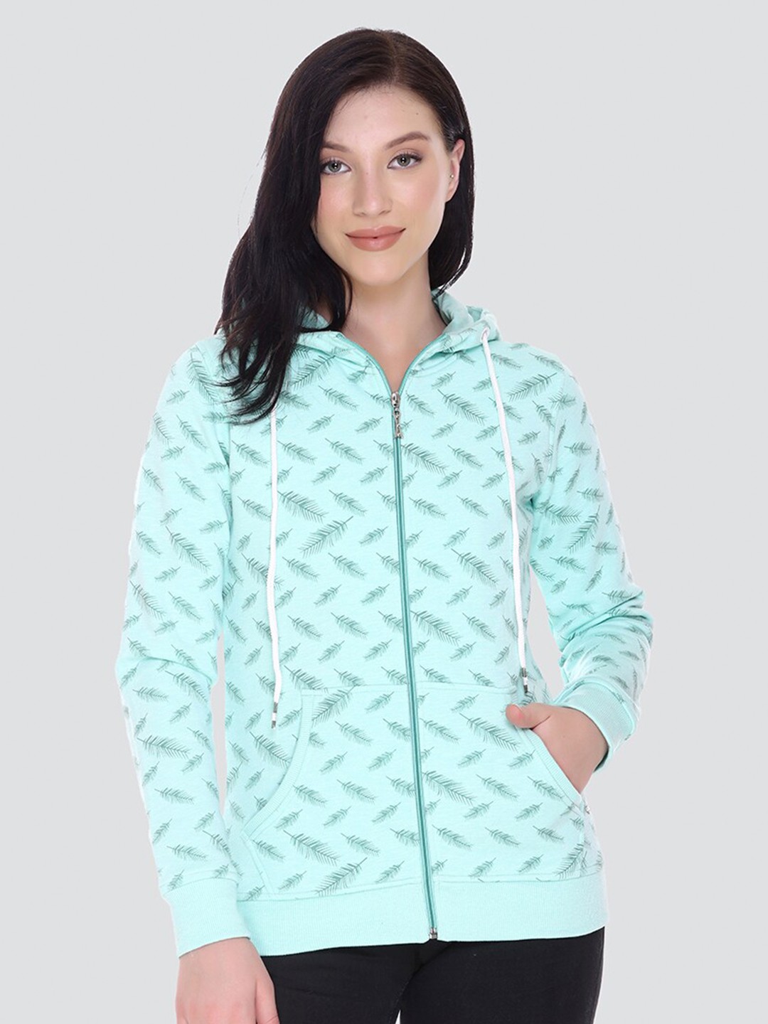 

PEPLS Women Sea Green Printed Hooded Sweatshirt