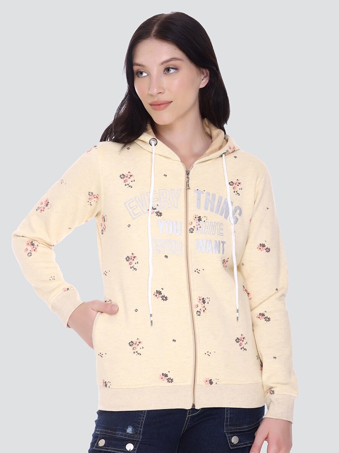 

PEPLS Women Yellow Printed Hooded Sweatshirt