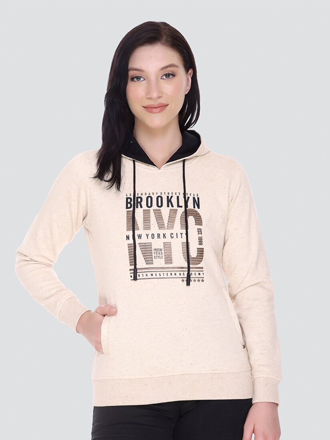 

PEPLS Women Beige Printed Hooded Sweatshirt