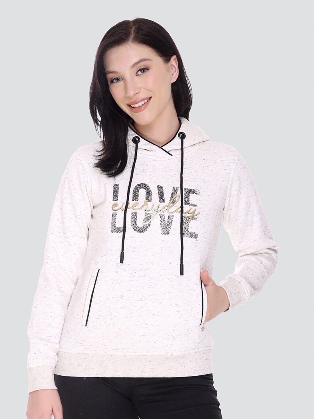 

PEPLS Women Off White Printed Hooded Sweatshirt