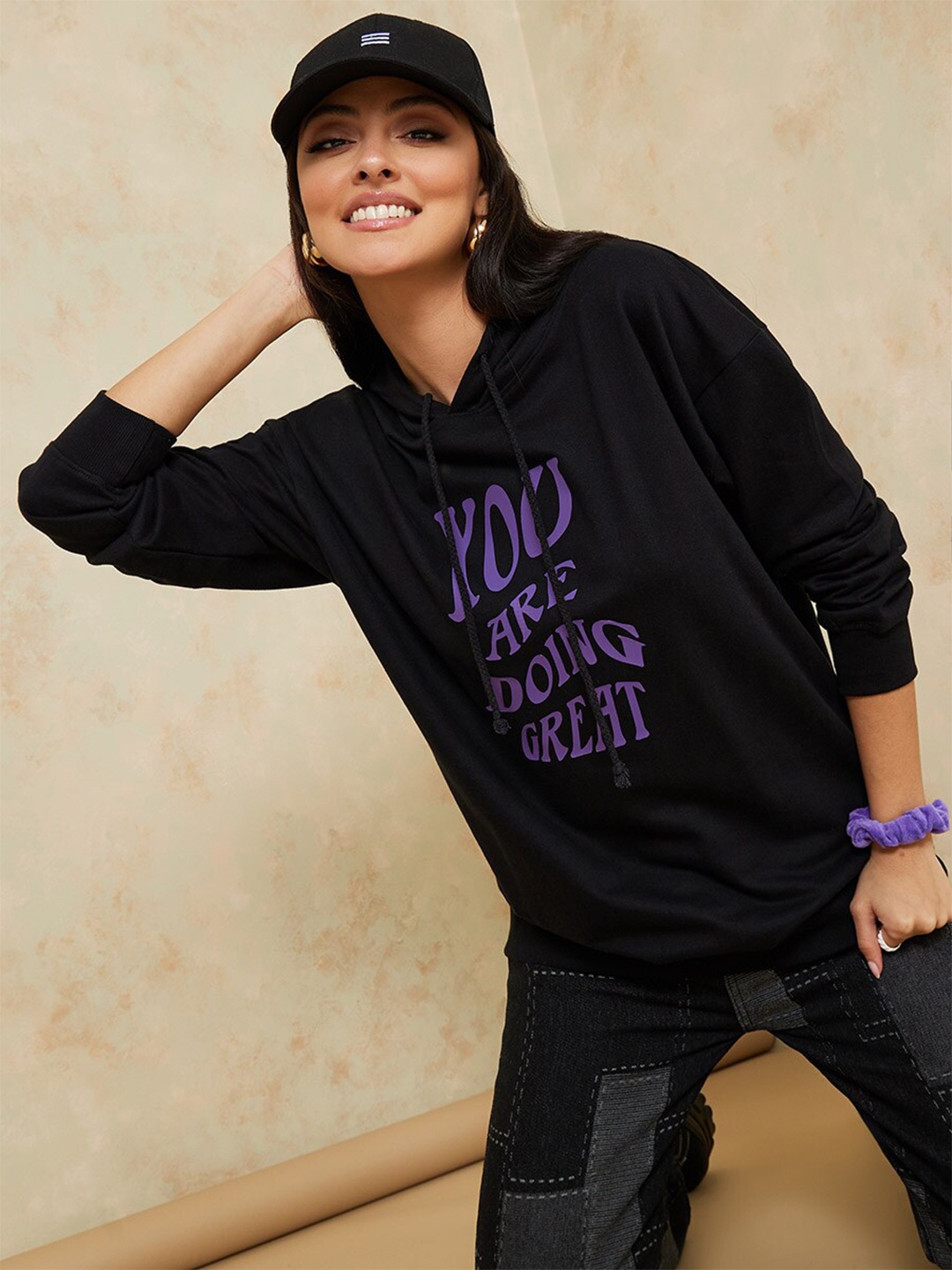 

Styli Women Black Printed Hooded Cotton Sweatshirt