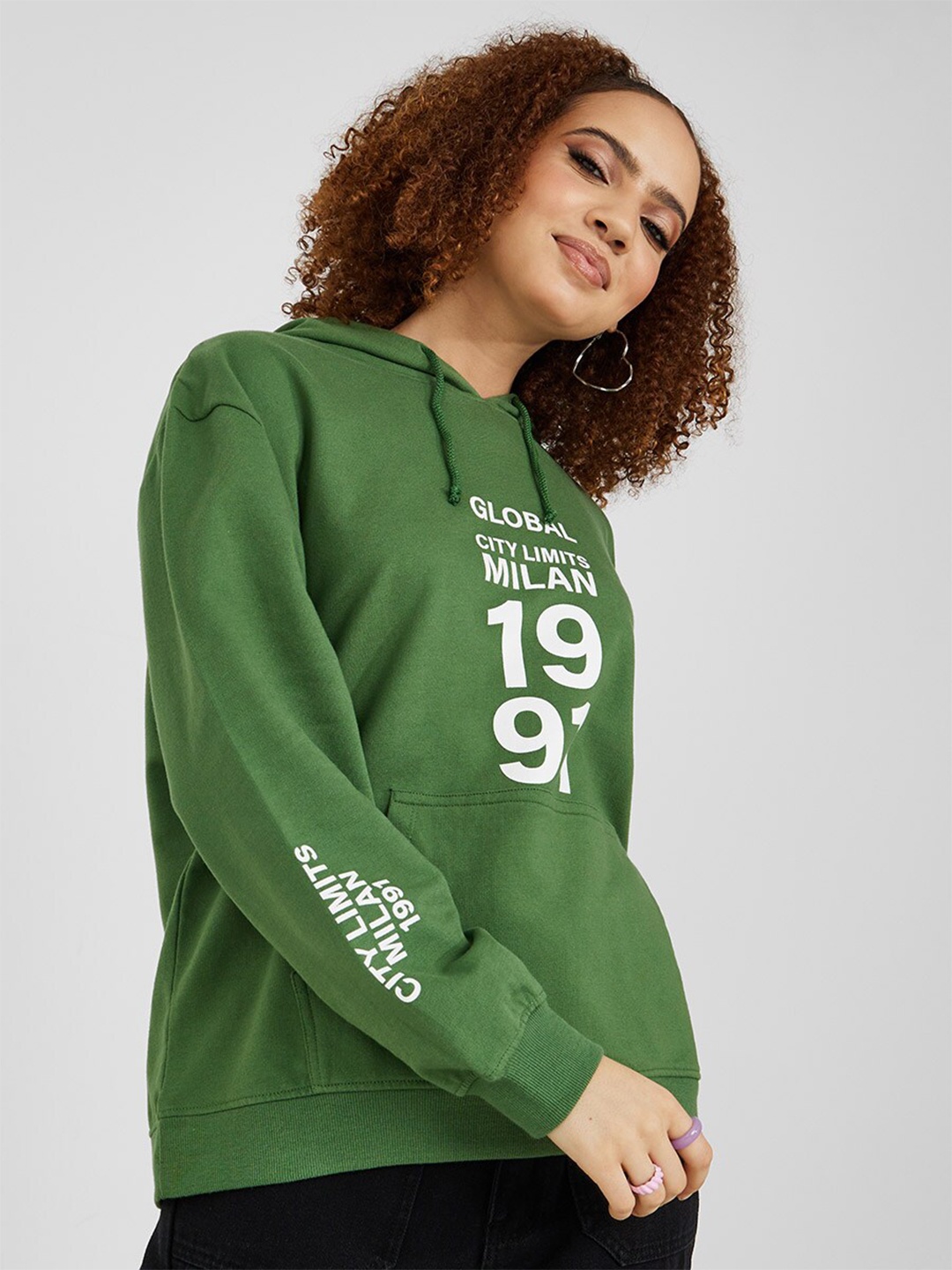 

Styli Women Green Printed Hooded Cotton Sweatshirt