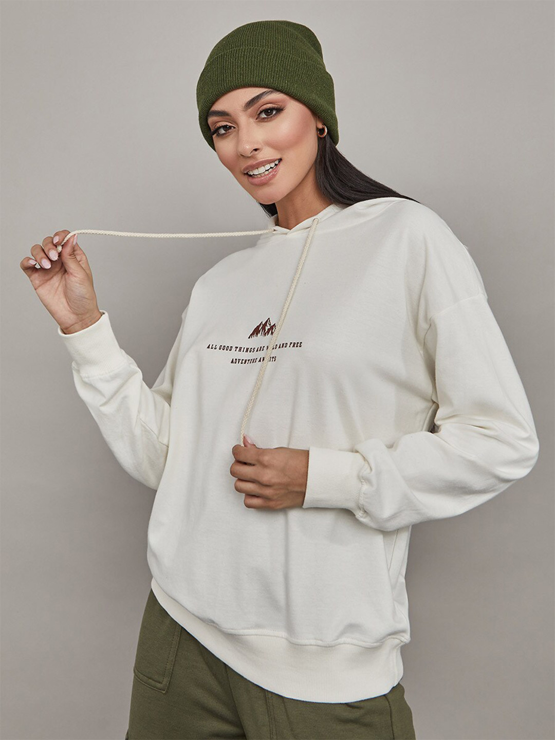 

Styli Women Cream-Coloured Hooded Cotton Sweatshirt