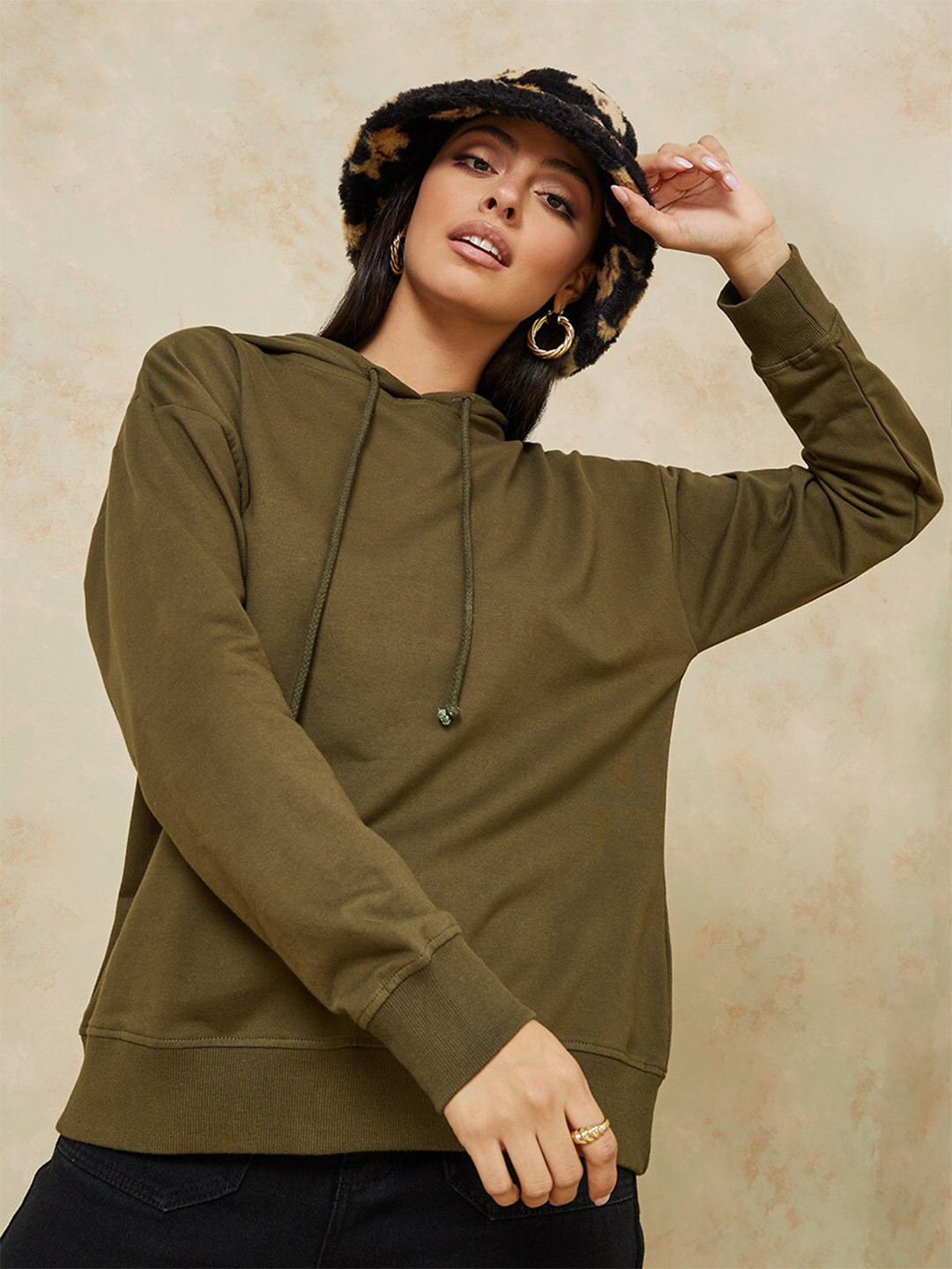 

Styli Women Olive Green Cotton Hooded Sweatshirt