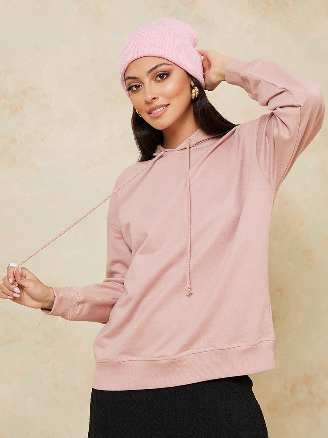 

Styli Women Pink Cotton Hooded Sweatshirt