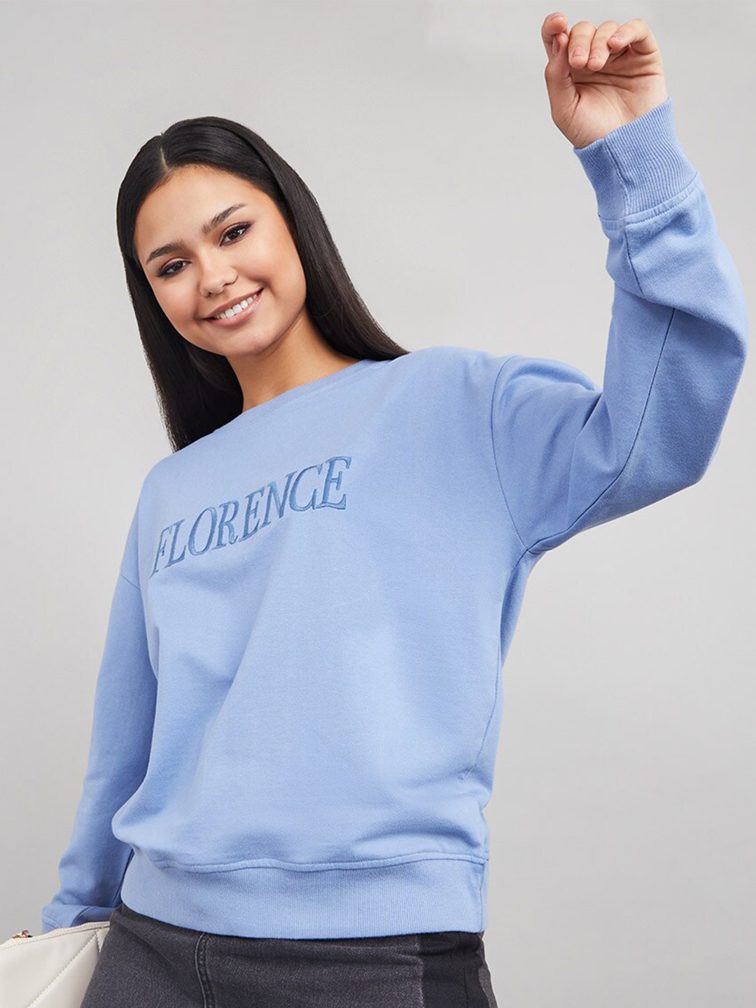 

Styli Women Blue Embroidered Cotton Sweatshirt