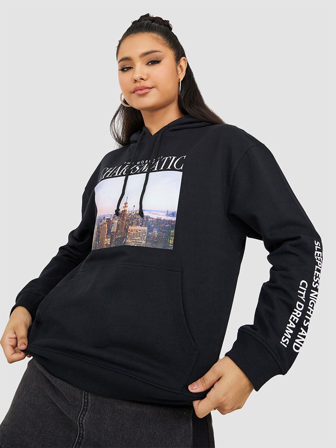 

Styli Women Black Printed Cotton Hooded Sweatshirt