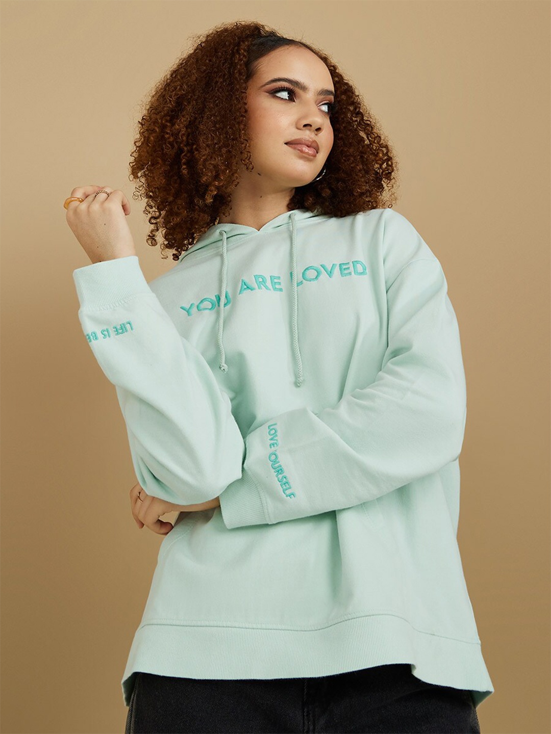 

Styli Women Green Embroidered Cotton Hooded Sweatshirt