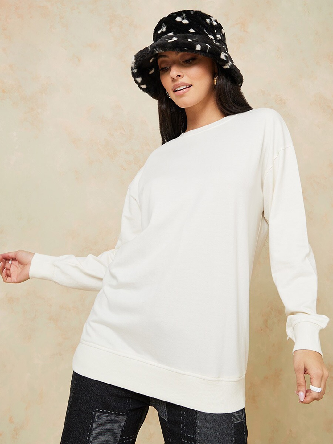 

Styli Women Cream-Coloured Cotton Sweatshirt